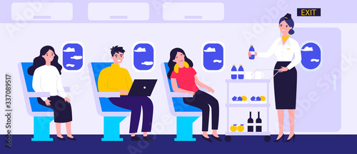 Passengers in air trip waiting for beverage flat vector illustration. Business class travelers sitting near airplane window. People travelling by plane. Airline, tourism and journey concept