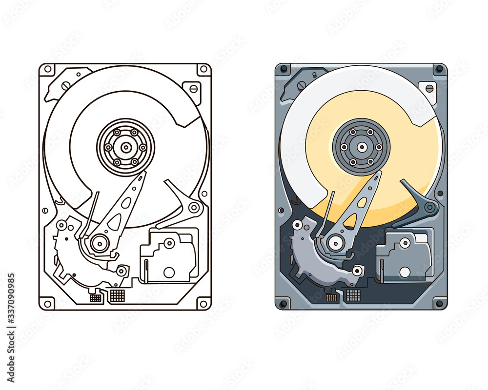 Vector illustration of hard drive disk. Line art. Cartoon.