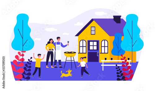 Happy family doing barbecue at garden flat vector illustration. Mother and father cooking outdoor near house. Kids playing with dog at backyard. BBQ party and weekend concept