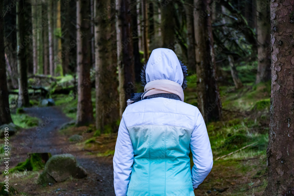 Back view of a young woman hiking in Irish forest. Hiking girl is walking in gloomy mystical and dark forest - thriller scene. Wide-angle lens, selective focus. Back view of a young woman hiking in Irish forest. Hiking girl is walking in gloomy mystical and dark forest - thriller scene. Wide-angle lens, selective focus.