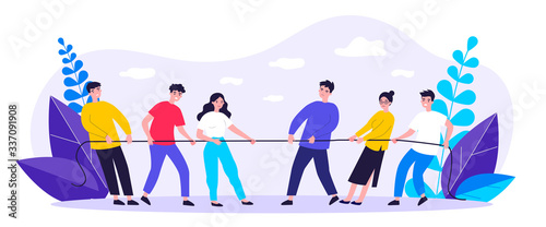 People playing game and pulling rope flat vector illustration. Office contest for two teams resisting each other in struggle. Competition, challenge and confrontation concept