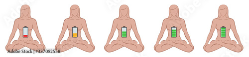 Meditating woman with empty, half full and full battery. Different amount of energy, power, harmony, balance, calmness, concentration and spiritual awareness. Vector illustration on white.
