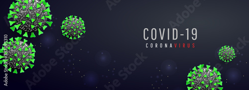 Covid-19. Coronavirus outbreak concept with 3d realistic viral cells on horizontal template background