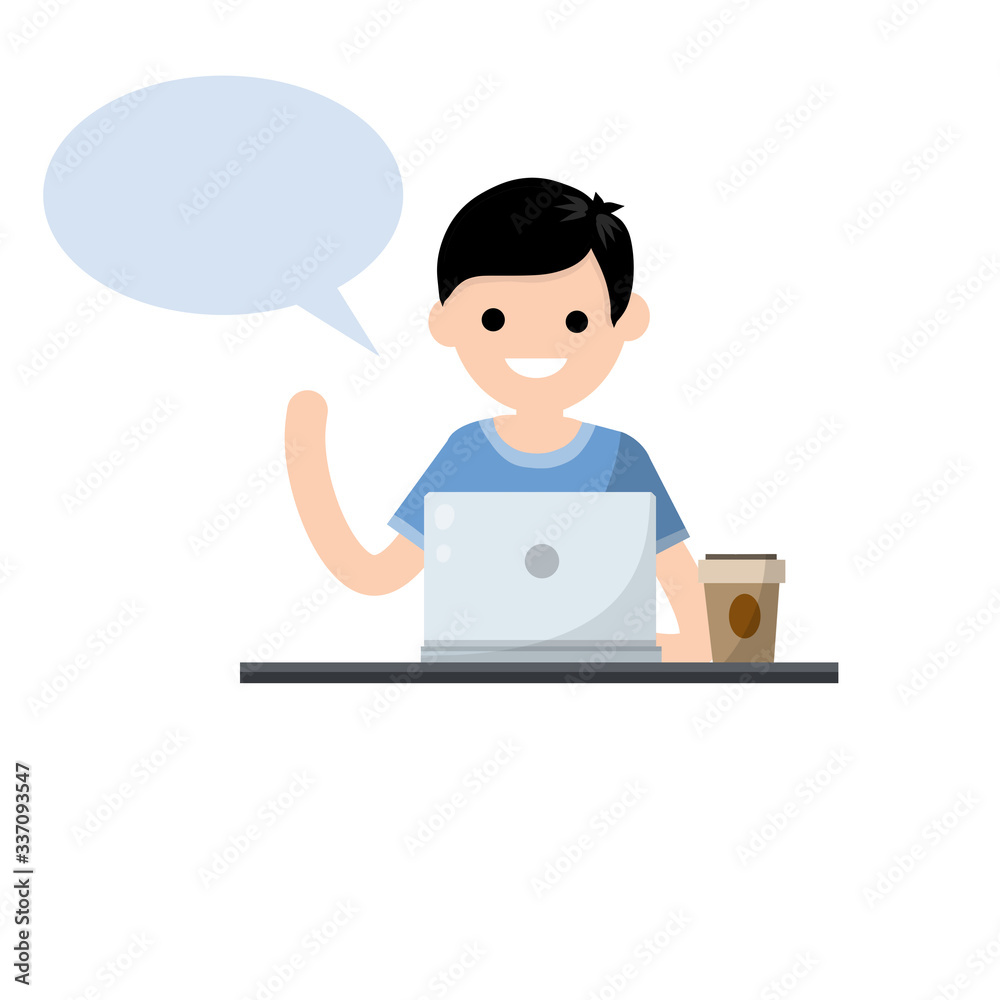 Man with laptop. Smiling happy guy talking. Study and education. Bubble dialogue and advice. Cartoon flat illustration. Student at school. Work at computer and speech Man with laptop. Smiling happy guy talking. Study and education. Bubble dialogue and advice. Cartoon flat illustration. Student at school. Work at computer and speech
