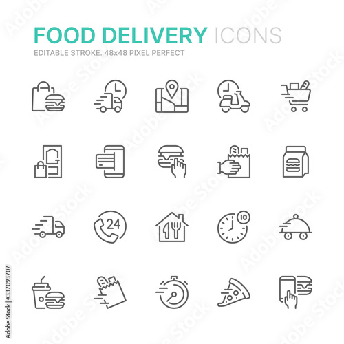 Collection of food delivery related line icons. 48x48 Pixel Perfect. Editable stroke