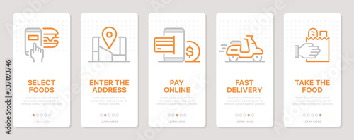 Food delivery related vertical cards. Mobile app onboarding screens Templates for a website. Icons with editable stroke