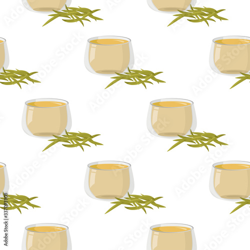 Hot yellow chinese tea with a handful of dry tea seamless pattern. Simple graphic drinks background.