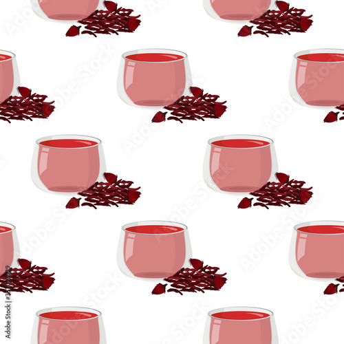 Hot hibiscus tea with a handful of dry tea seamless pattern. Simple graphic drinks background.