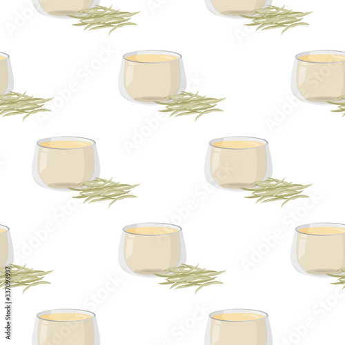 Hot white tea with a handful of dry tea seamless pattern. Simple graphic drinks background.