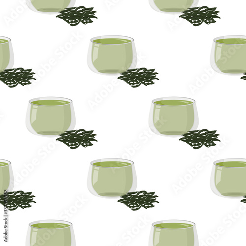 Hot green tea with a handful of dry tea seamless pattern. Simple graphic drinks background.