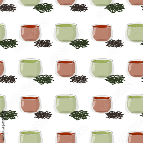 Hot green and black tea with a handful of dry tea seamless pattern. Simple graphic drinks background.