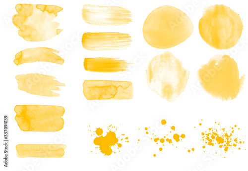 Abstract yellow watercolor blots, drops, smear and strokes brushes illustration. Beautiful set of watercolor brushes. Vector brushes for painting