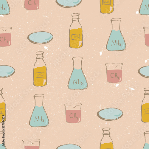 Seamless pattern with chemistry lab material.