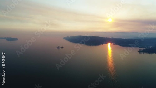 Sun sets over Table Rock Lake, wide aerial photo