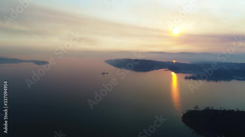 Wide aerial, sunset over Table Rock lake photo