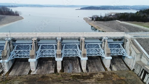 Tilt down aerial, Table Rock Lake dam in Missouri photo