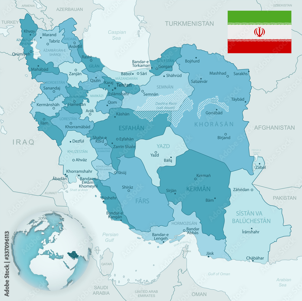 Blue-green detailed map of Iran and administrative divisions with country flag and location on the globe. Vector illustration