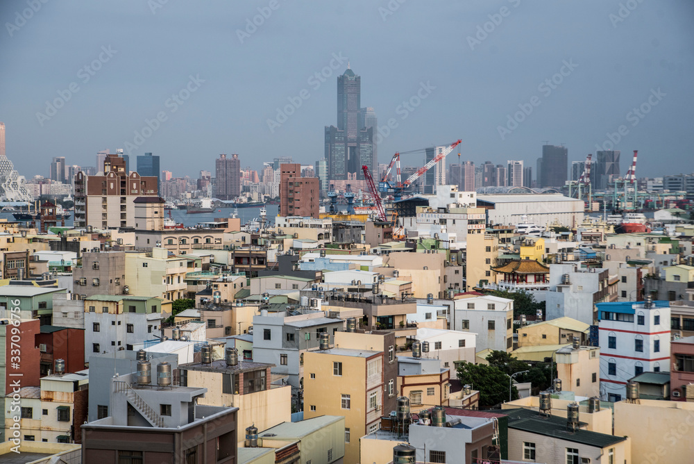 skyline beyond colorful old town in Taiwan