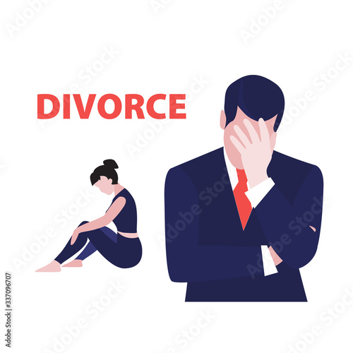 Vector illustration of frustrated man in suit and desperate woman sitting on the floor. Relationship problem, wife and husband in divorce, broken hearts, break up couple. Unhappy mariage.