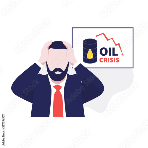 Vector illustration of bussinessman with beard and tie in stress and panic with down price statistics on the desk cause oil economic crisis. Falling markets, drop bonds and stocks.
