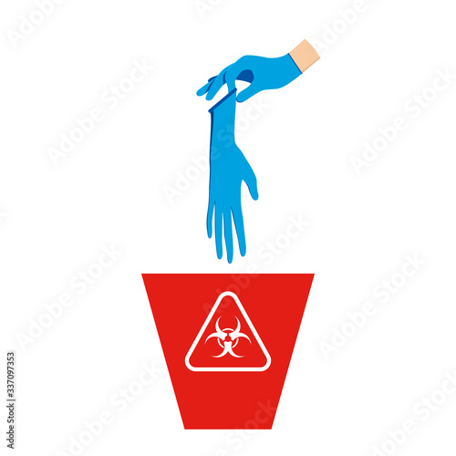 The hand wear rubber glove and holding a used rubber glove is above the red bin, with the symbol of infectious waste. How to discard the used rubber gloves correctly for prevent infection. Flat design