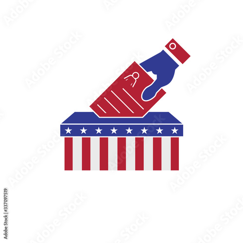 Hand putting voting ballot into vote box. Female candidate profile. The US presidential elections. Vector illustration