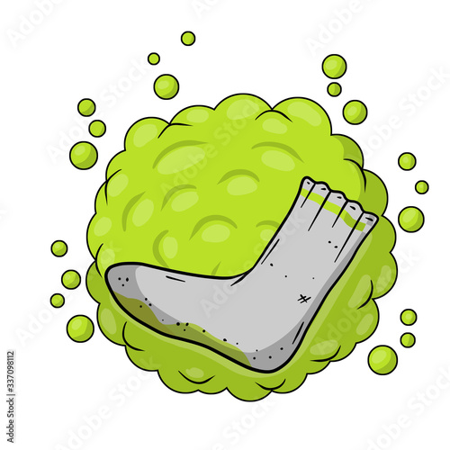 Dirty sock. Sloppy clothes. Stinky toe. Grey Object for washing. Cartoon flat illustration. Green bubble acid cloud. Smelly feet. Bad stench