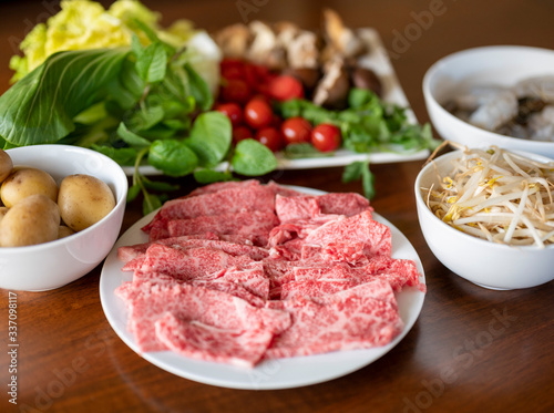 Japanese Wagyu beef and vegetables for hot pot Shabu Shabu
