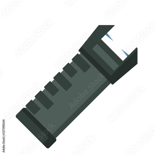 Shocker for protection. Taser is an electric weapon. Personal safety. Item for safety. Working device. Cartoon flat illustration