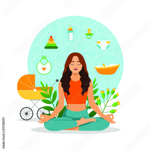 A young mother practices yoga in a lotus position in nature while her baby sleeps in a stroller. Weekdays mothers, daily worries. A tired mom relaxes. Stock vector illustration in a flat style.