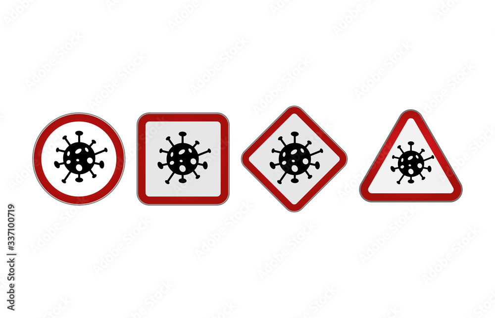 Stop the Coronavirus sign. Coronavirus Bacteria Cell Icon, 2019-nCoV in caution traffic signs. Warning symbol of COVID-19, MERS-Cov, Novel coronavirus 2019-nCoV. Vector icon set of epidemic control Stop the Coronavirus sign. Coronavirus Bacteria Cell Icon, 2019-nCoV in caution traffic signs. Warning symbol of COVID-19, MERS-Cov, Novel coronavirus 2019-nCoV. Vector icon set of epidemic control