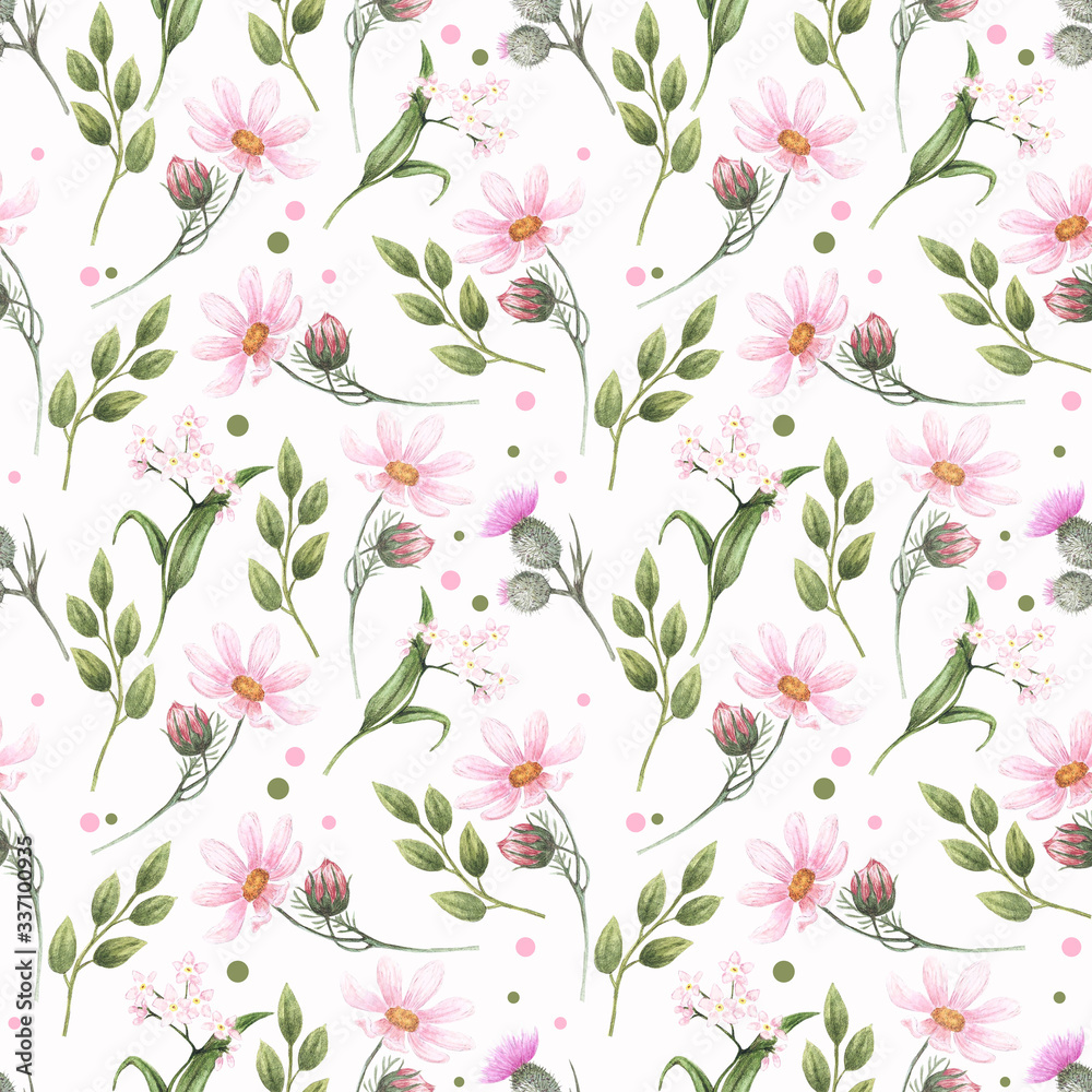Seamless watercolor pattern with the image of pink daisies, forget-me-nots, thistles and green leaves on a white background. Watercolor hand drawn illustrations. Design for textile, fabric, clothing