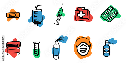Medication, pharmaceutics concept. Vector illustration Medicine, pharmacy. Various meds set is protected against disease and drug prevention. Background. Wallpaper
