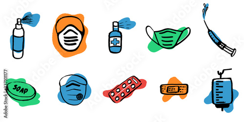 Medication, pharmaceutics concept. Vector illustration Medicine, pharmacy. Various meds set is protected against disease and drug prevention. Background. Wallpaper
