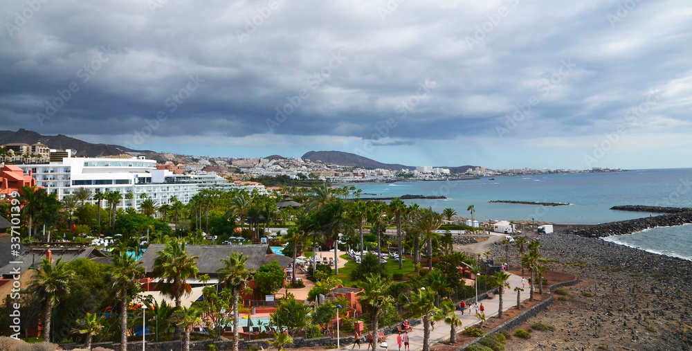 View of Costa Adeje on a cloudy day.Tenerife,Canary Islands,Spain.Travel or vacation concept.