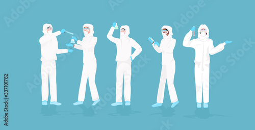set scientists in hazmat suits holding test tubes working in medical lab mix race researchers making chemical experiments horizontal full length vector illustration