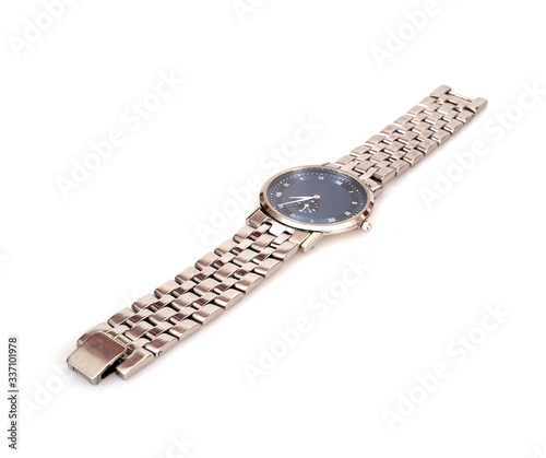 Wristwatch on a metal strap isolated on a white background