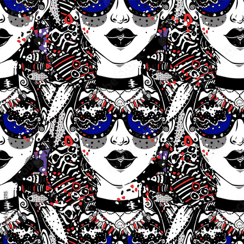 Seamless pattern of psychedelic woman in striped decor, crazy style with modern geometric glasses, vibrant and trippy.