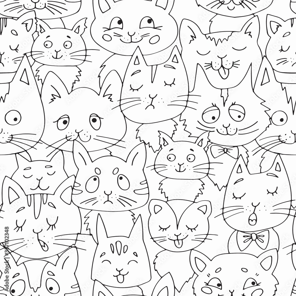 Pattern with cats, doodles, cat, pattern, black and white