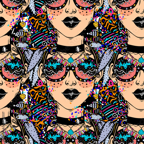 Seamless pattern of psychedelic beautiful woman in striped decor, crazy style with geometric glasses, vibrant and trippy