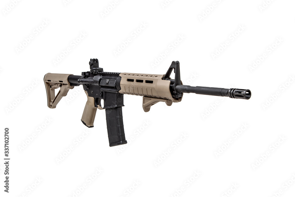 Modern automatic rifle isolated on white. Weapons for police, special forces and the army. Automatic carbine with mechanical sights. Modern automatic rifle isolated on white. Weapons for police, special forces and the army. Automatic carbine with mechanical sights.