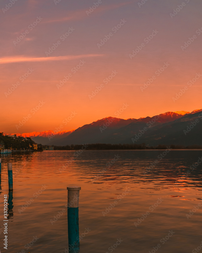 lake in Alps during sunset from city of Lovere,Bergamo,Lombardy Italy