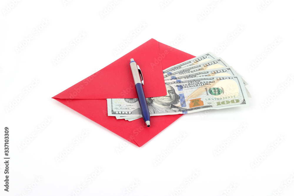 100 US dollar bills in an envelope isolated on white background 100 US dollar bills in an envelope isolated on white background