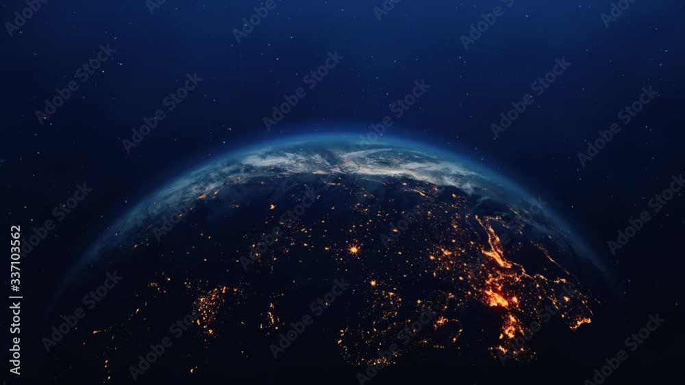 Close-up view of Blue Earth from Space at night and day Lights on Planet Loop Animation. Beautiful sunrise day Galaxy, nebula and Earth, cosmos, moon, atmosphere realistic 3D rendering