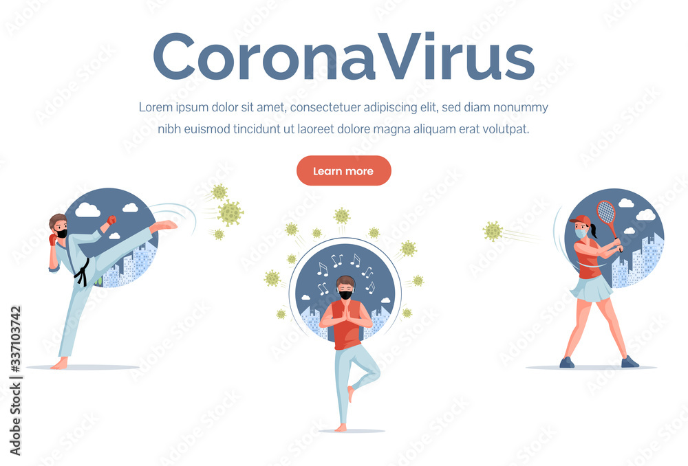 Coronavirus landing page template. Sportsman, tennis player, karate man fight Covid-19 vector flat illustration.
