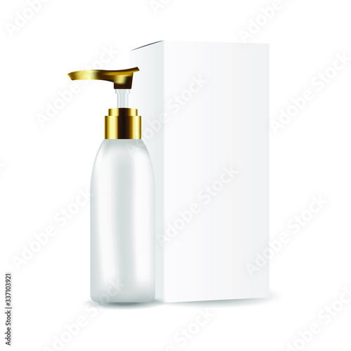cosmetic bottles with pump isolated on white background. Anti aging serum for men skin ads poster template. Cosmetics product. Cosmetic packaging mockup design. Vector illustration