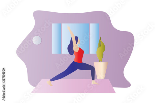 Girl doing exercise at home in a living room on a yoga mat. Sporty female model exercising, yoga at home. Keep calm during quarantine concept vector illustration