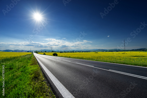 Obraz na płótnie Empty asphalt road between the yellow flowering rapeseed fields under radiant sun in the rural landscape w salonie