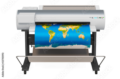 Wide Format Printer, plotter with map of world. 3D rendering photo