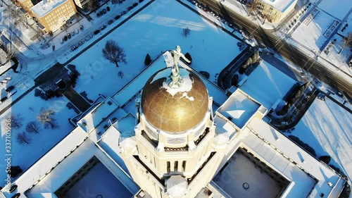 Tilt down aerial, Nebraska State Capitol in winter
